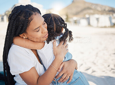 Buy stock photo Mother hug child, love and support on beach, holiday in Maldives and tropical travel with care and comfort in family. Outdoor, nature and summer vacation abroad with adventure and woman embrace girl.