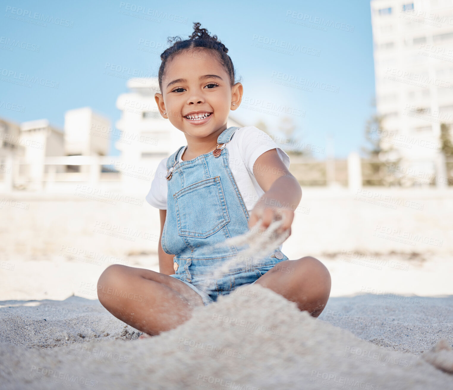 Buy stock photo Beach, portrait or girl at a beach to play with freedom, peace and relaxing on summer holiday vacation in Brazil. Travel, nature or happy child playing on seashore or beach sand on a sunny weekend