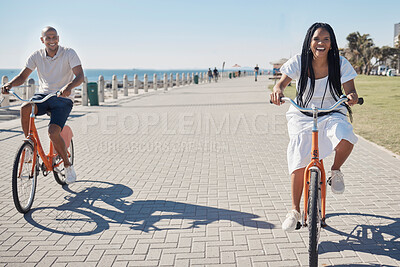 Buy stock photo Travel, summer and couple on bike at beach for date on promenade in Chicago, USA sunshine with smile. Freedom, fun and happy black people at ocean with bicycle for wellness, bonding and fitness.