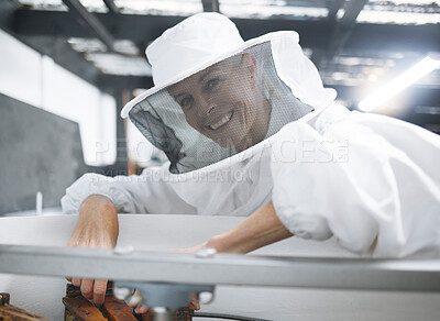 Buy stock photo Woman, beekeeper suit and honey production, manufacturing and process in workshop, factory or warehouse. Smile of happy bee farmer for beehive inspection harvest and maintenance of small business
