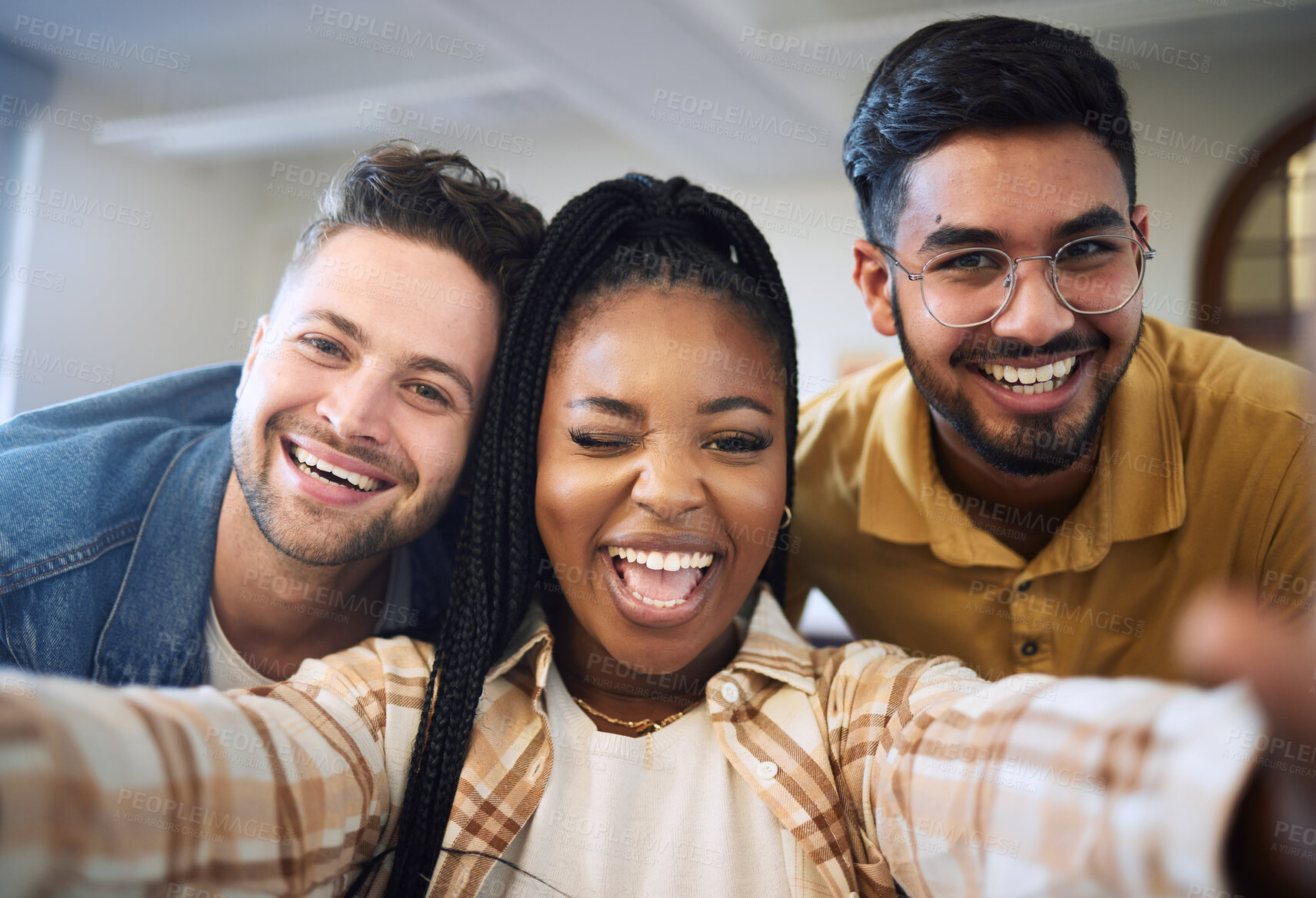 Buy stock photo Friends, selfie and funny post with students together for social media content with a smile, wink and positive mindset for scholarship. Face portrait of men and black woman for profile picture 