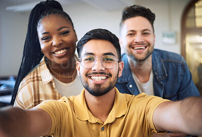 Buy stock photo University, education and selfie portrait of friends having fun at college, academic campus and school together. Friendship, learning and faces of students take picture for social media post online