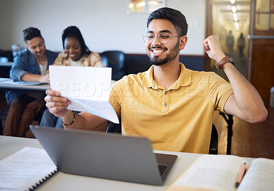 Buy stock photo Man, student and excited with letter, laptop for typing and achievement for scholarship. Indian male, documentation with positive outcome and celebration for result, victory or approved application
