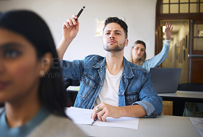 Buy stock photo Students question, hand raise and classroom for learning, education or college with notebook on desk. College student group, university class or lecture for knowledge, development or focus for future