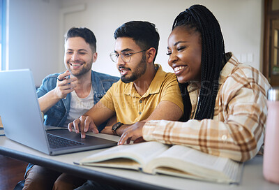 Buy stock photo Study, classroom and diversity students on a laptop for elearning, online education and website course information in group project. University student, college friends or class people research on pc