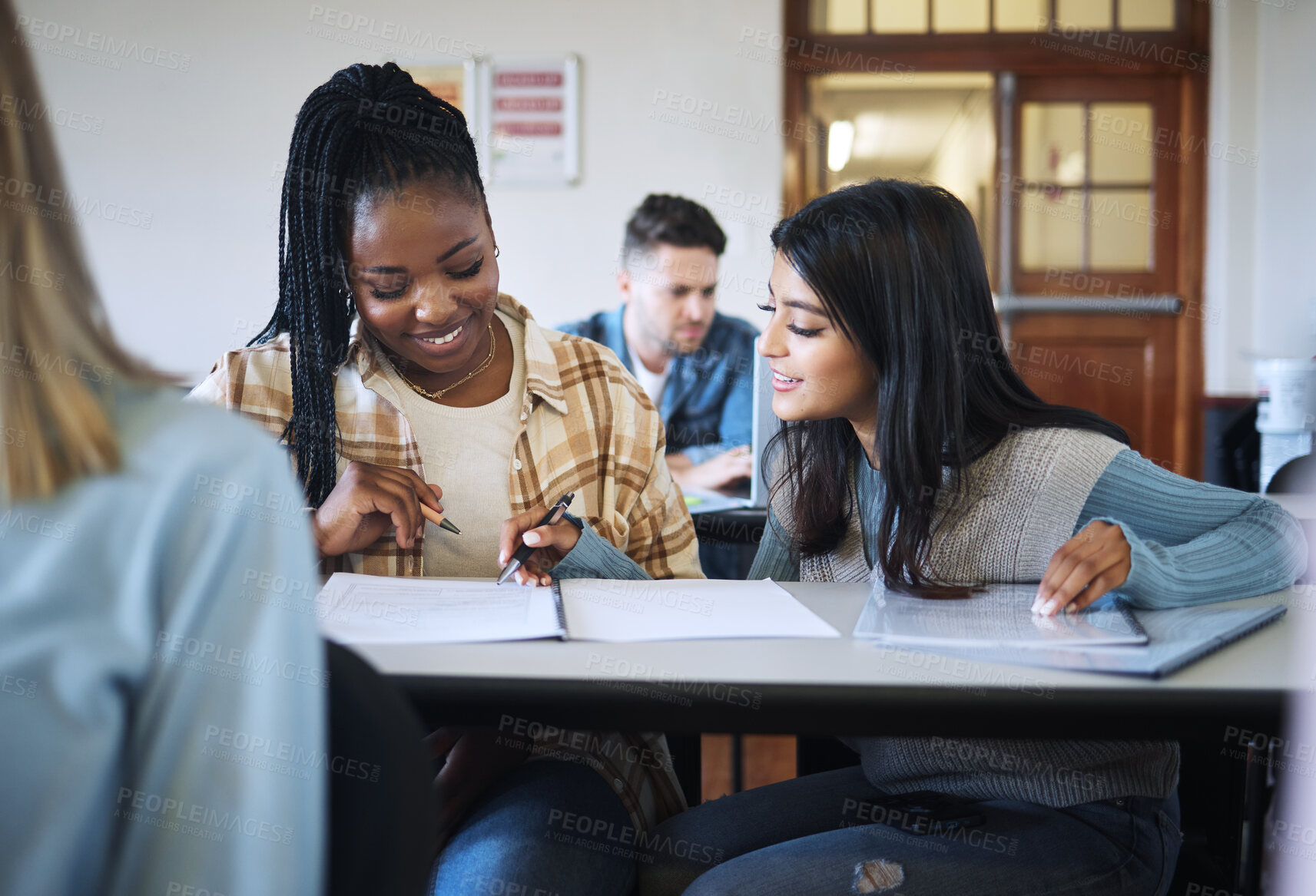 Buy stock photo Education, teamwork or students in classroom for working together on university, college or school research project. Diversity, smile or happy friends learning, knowledge study or writing in notebook