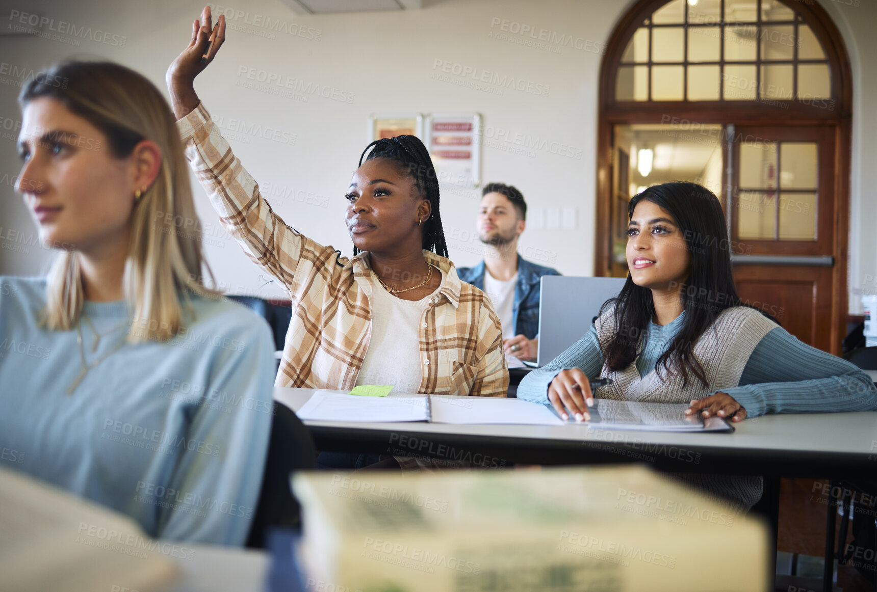 Buy stock photo Black woman student, classroom and hand for question, idea and school information with education, learning and knowledge. Scholarship, future leader and diversity students study, listen and solution
