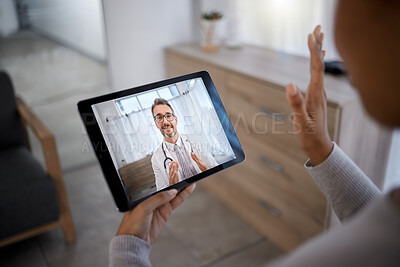 Buy stock photo Doctor consulting patient on video call screen for telehealth communication, support and help with healthcare, insurance and advice. Medical man in zoom call on digital technology for virtual service