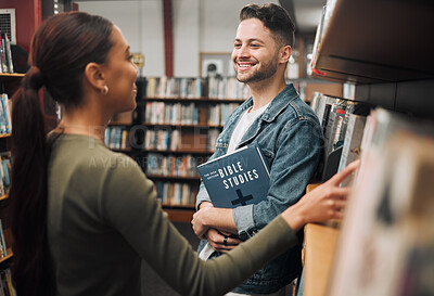 Buy stock photo Woman, man and library for reading, talking and knowledge for studies. Students, male and female in bookstore, education or research for literature, study and for books to read, conversation or smile