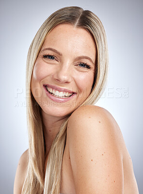 Buy stock photo Face portrait, beauty and skincare of woman in studio isolated on a gray background. Cosmetics, dermatology and natural makeup of beautiful female model with spa facial treatment for healthy skin.