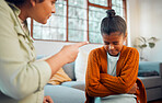 Fight, discipline and upset with child and mother scolding for disappointed, behaviour problems and punishment. Communication, angry and frustrated with mom and daughter. in family home for conflict