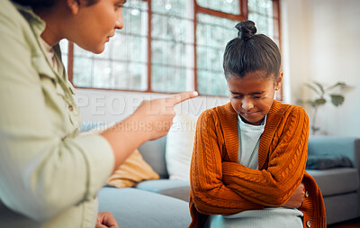 Buy stock photo Fight, discipline and upset with child and mother scolding for disappointed, behaviour problems and punishment. Communication, angry and frustrated with mom and daughter. in family home for conflict