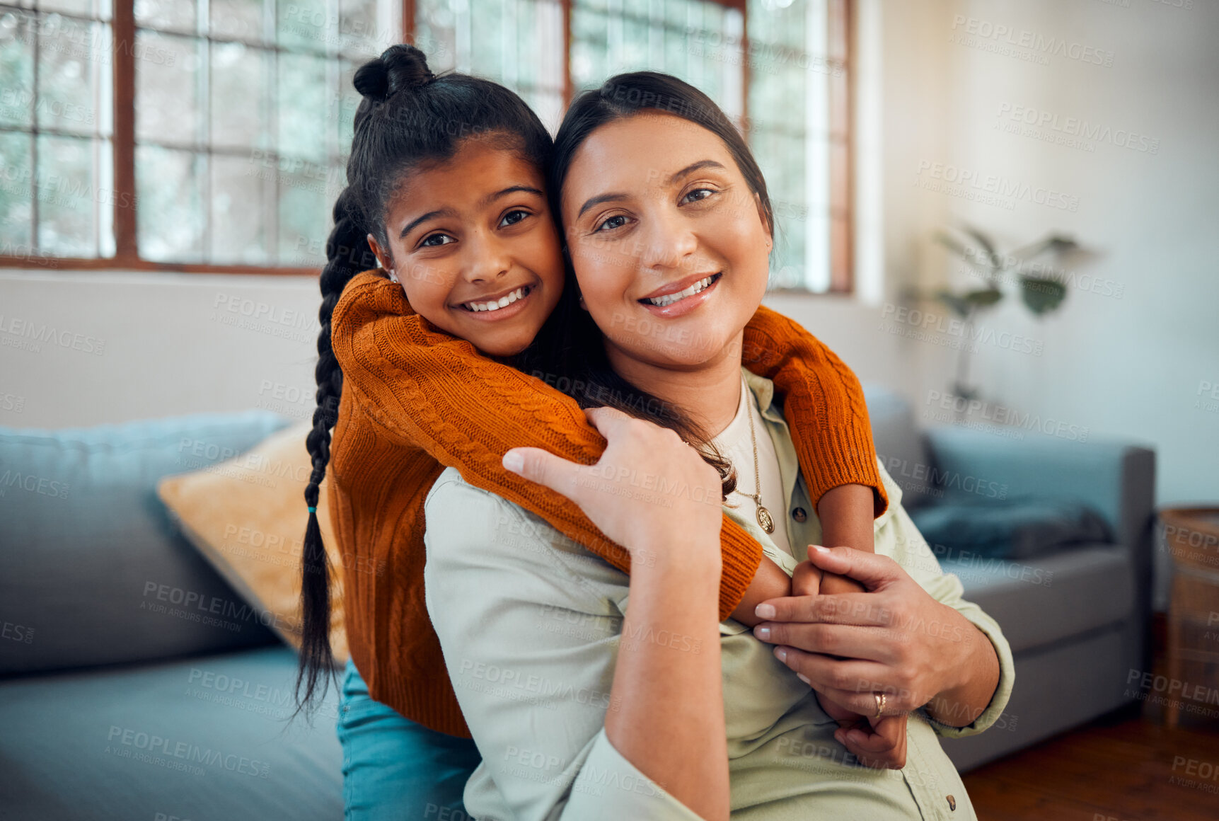 Buy stock photo Pregnancy, hug and child with mother, love and peace in the living room of their home. Affection, happy family and portrait of a pregnant woman with a girl kid hugging during maternity leave