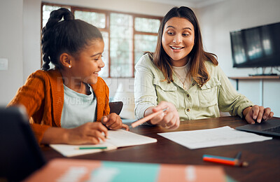 Buy stock photo Education, home school and homework with a student girl and mother learning at a table in their house. Family, writing and kids with a woman and female child reading for growth or development