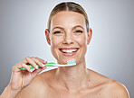 Dental, brushing teeth and smile with portrait of woman for beauty, whitening and morning routine. Cleaning, oral hygiene and fluoride with face of model and toothpaste for health and tooth care