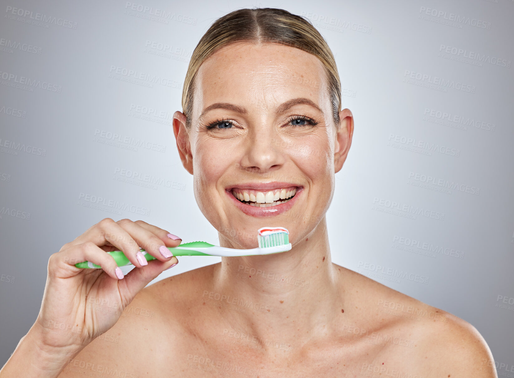 Buy stock photo Dental, brushing teeth and smile with portrait of woman for beauty, whitening and morning routine. Cleaning, oral hygiene and fluoride with face of model and toothpaste for health and tooth care