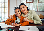 Mother, child and portrait with education and school, academic learning with teaching and mom help kid with homework. Happy, scholarship and study together with woman and girl hug at family home.