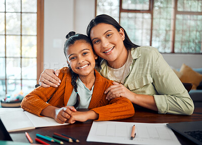 Buy stock photo Mother, child and portrait with education and home school, academic learning with teaching and mom help kid with homework. Happy, scholarship and study together with woman and girl hug at family home