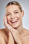 Skincare, beauty and portrait of woman with happy smile on face with studio background. Makeup, cosmetic glamour and luxury skin care with beautiful happy woman with natural facial cosmetics