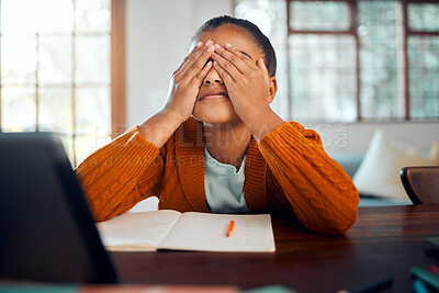 Buy stock photo Stress, anxiety and home school, student and girl frustrated with anxiety, elearning problem and mental health. Tired sad child with burnout of studying, depression and crying about education mistake