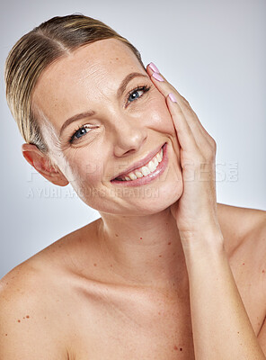 Buy stock photo Beauty, face and skincare with woman and glow with healthy skin, facial and treatment with natural cosmetics. Luxury, wellness and portrait with smile, nude and self care against studio background.