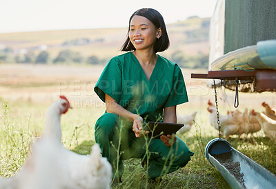 Buy stock photo Woman, veterinary worker or tablet on chicken farm in medical research, hormone medicine study or healthcare wellness check. Smile, happy or asian animal doctor on 5g technology for bird flu control