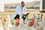 Man, veterinary or tablet on chicken farm for healthcare wellness, bird flu compliance or growth hormone research. Smile, happy or animals doctor with poultry, 5g digital technology or dairy farming