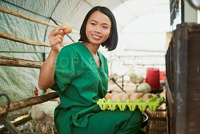 Buy stock photo Woman, chicken eggs or tray check in healthy food industry, export sales management or growth quality success. Smile, happy or asian farmer and poultry birds production in countryside farming or coop