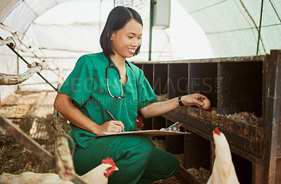 Buy stock photo Chicken, writing and documents with an asian woman vet checking eggs in a coup on a farm for sustainability. Food, medical and checklist with a female veterinarian working in a henhouse for care
