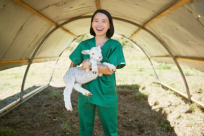 Buy stock photo Woman, veterinary or little lamb on countryside farm, sustainability agriculture or livestock farming. Portrait, smile or happy animal doctor with baby sheep for healthcare wellness check or growth