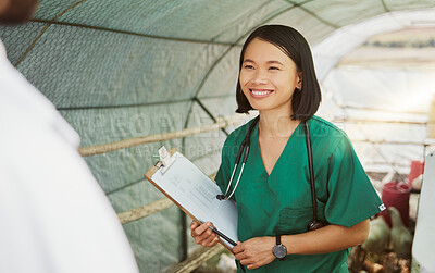Buy stock photo Vet, animal health and woman with checklist for bird flu symptoms and agriculture on chicken farm. Poultry farming, veterinary and doctor with clipboard for medical check, medicine and sustainability