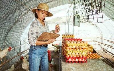 Buy stock photo Woman, clipboard or chicken eggs on farm export sales, stock management or import order review. Asian farmer, poultry or bird product for sustainability agriculture paper or countryside dairy farming