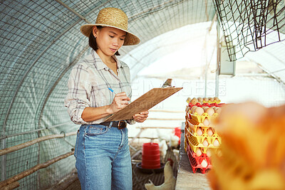 Buy stock photo Farmer, clipboard writing or chicken eggs management for export sales, healthy food industry or delivery checklist. Asian woman, farming coop or poultry farm production with logistics paper documents