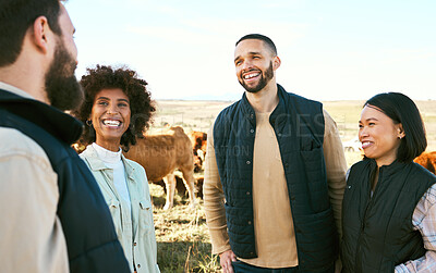 Buy stock photo Farming people, talking or sales negotiation of cow farm, dairy agriculture environment or sustainability beef production. Happy smile, bonding cattle farmers and men, women diversity and countryside