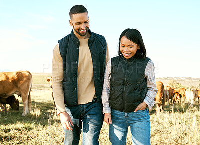 Buy stock photo Love, cow and agriculture with couple on farm for bonding, partnership and quality time. Sustainability, production and cattle farmer with man and woman in countryside for dairy, livestock or relax