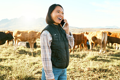 Buy stock photo Cow, woman or farmer on a phone call in nature talking, communication or speaking of cattle farming production. Success, agriculture or happy worker networking or in conversation about cows or beef