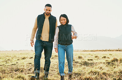 Buy stock photo Farming couple, bonding or walking on nature field, sustainability agriculture environment or countryside land. Smile, happy or farmer man and woman talking and planning farm growth, success or ideas