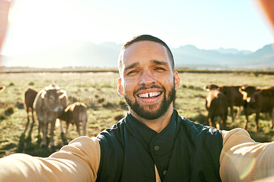 Buy stock photo Man, farm and portrait smile for selfie in the countryside with live stock, cows or production for agriculture growth. Happy male farmer smiling for travel, farming or photo in nature with animals