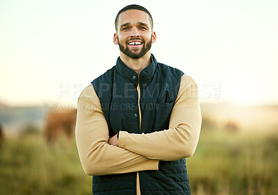 Buy stock photo Portrait, man or happy farmer on grass with sustainability goals, growth mindset or agriculture development vision. Cows, face or proud person smiles with motivation, success or leadership in Mexico