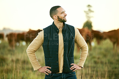 Buy stock photo Farmer, man and agriculture field with farming and view, grass with livestock and sustainability, growth and environment. Nature, outdoor and positive mindset on farm land in Texas with cattle herd.