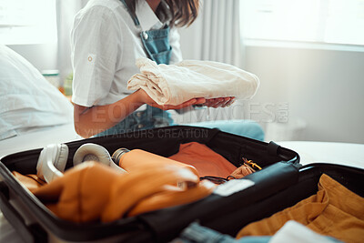 Buy stock photo Holiday, packing and woman travel suitcase on a bedroom bed ready for vacation and adventure. Hands holding clothes for journey, trip or cruise with a suitcase, luggage and bag for traveling