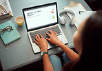 Travel agency  planning and website with woman on laptop for schedule, vacation and internet. Booking, research and digital with hands of girl for tourism, global and holiday trip reservation 