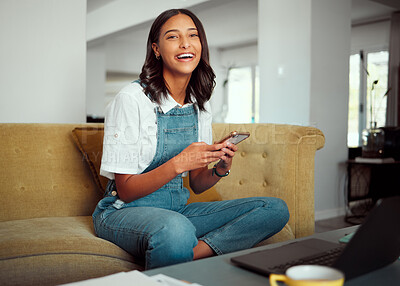 Buy stock photo Phone, relax and portrait of woman on sofa for streaming, search and social media news. Website, internet and connection with girl in living room at home for technology, digital and communication