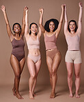 Diversity, women and natural beauty friends in studio in brown background with hands raised in celebration and support together. Diverse woman, underwear and celebrate body care or healthy lifestyle
