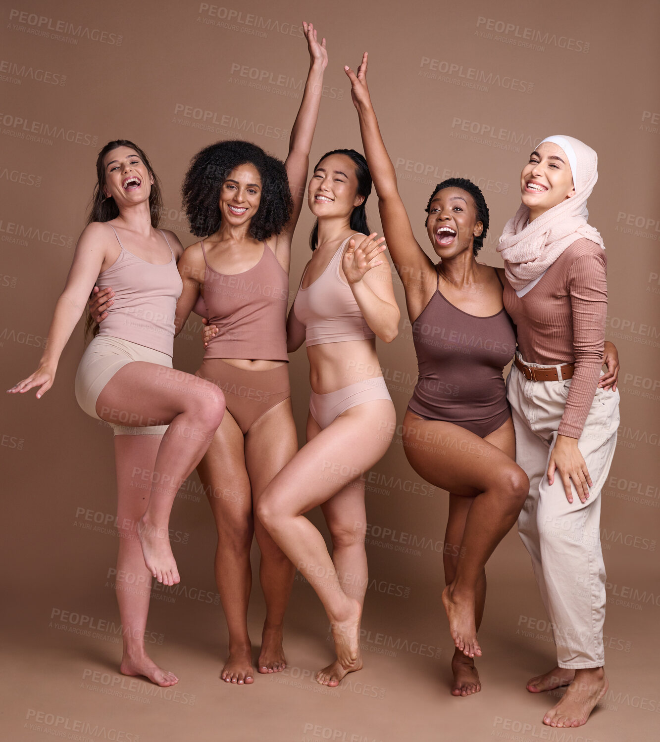 Buy stock photo Beauty, women and celebrate diversity portrait in underwear  with modest muslim woman for skincare campaign. Inclusion, happiness and body care model group with girl in hijab in brown studio.