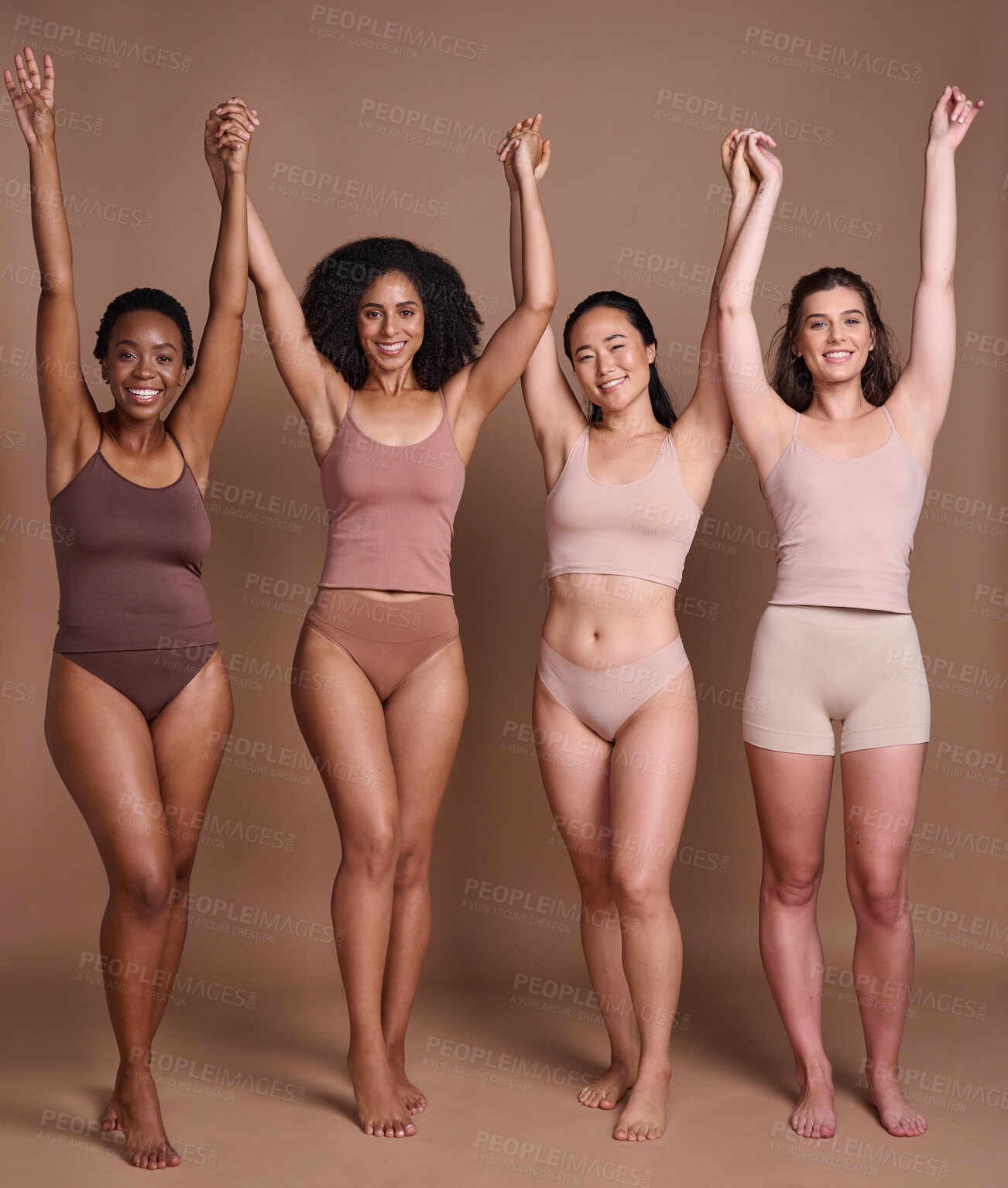 Buy stock photo Women diversity, body positivity and skin color celebration of group of model friends holding hands. Skincare beauty, trust and woman community support portrait together with global care and love