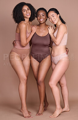 Buy stock photo Girl friends, diversity and body positivity model group hug for portrait showing beauty and skincare. Underwear, happiness and glow of women together for dermatology and skin wellness support