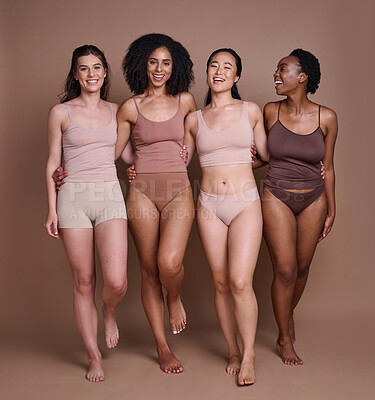 Body positive, friends and woman in underwear in studio for wellness,  cosmetics and happiness. Grou Stock Photo by YuriArcursPeopleimages