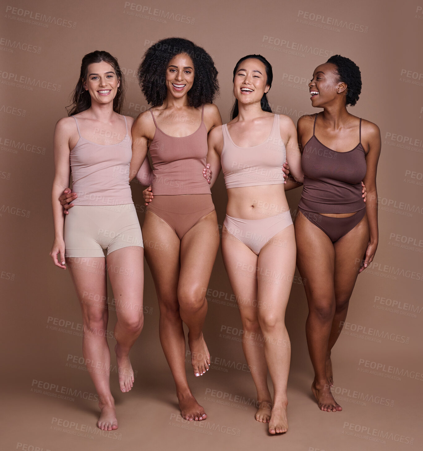 Buy stock photo Diversity, woman and happy portrait in underwear for body motivation, beauty support and friendship collaboration. Interracial models, luxury skincare wellness and body positive happiness in studio