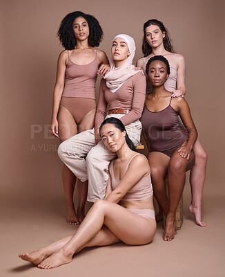 Buy stock photo Beauty, body and diversity with women in portrait, skin and skincare with wellness and self care, different and inclusion. Pride, empowerment and marketing with natural and cosmetics with glow.